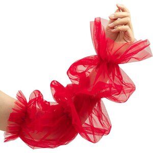 Women's Tulle Red Ruffle Sheer Long Semi Lace Sleeves Gloves Costume Accessory
